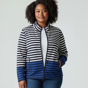 Talbots Navy, White and Blue Striped Knit Full Zip lightweight jacket size Large